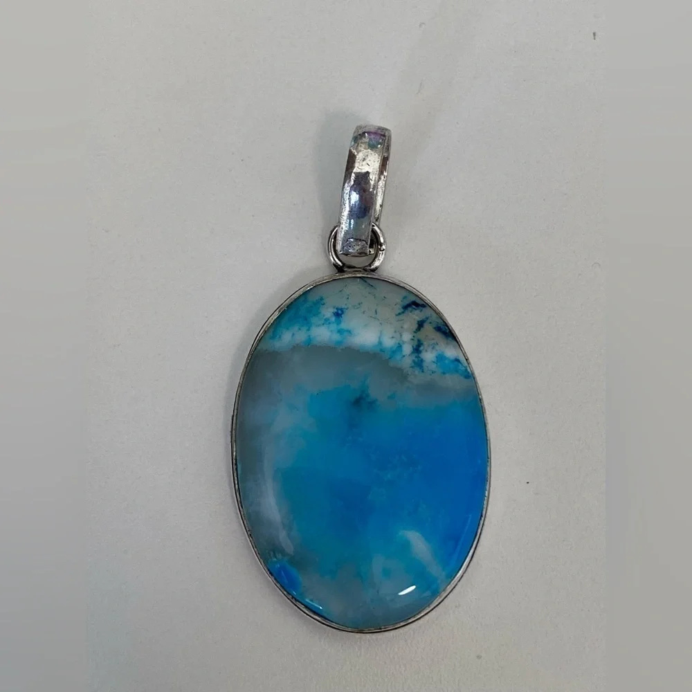 Blue Dyed Agate and 925 Sterling Silver Necklace Pendant